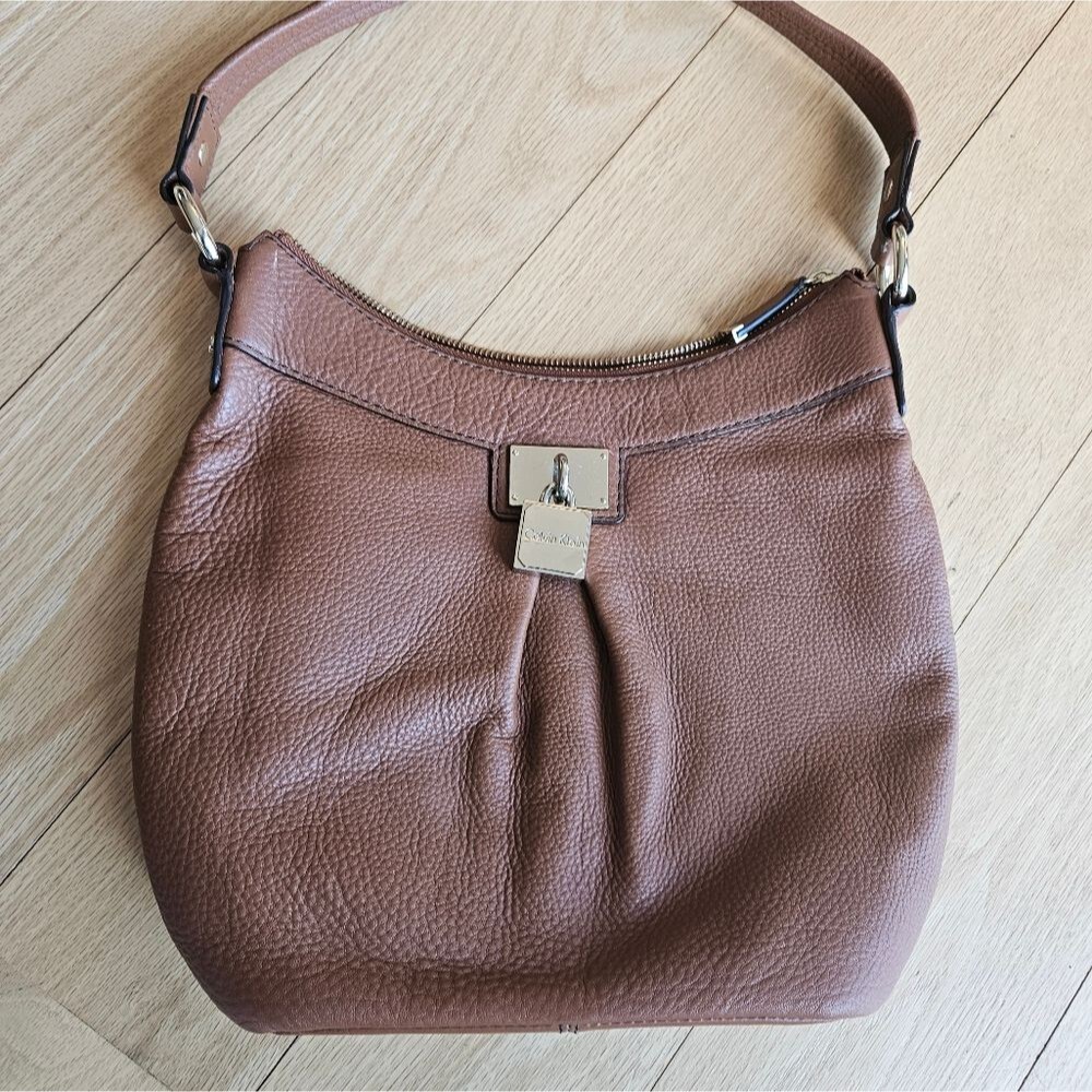 Calvin Klein‎ Brown Pebbled Leather Padlock Hobo Small Shoulder Tote Bag